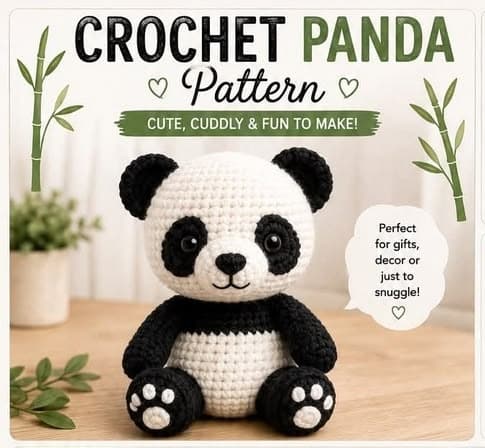 A crocheted black and white panda sitting upright with a stitched nose, round ears, and white toe pads on its black paws