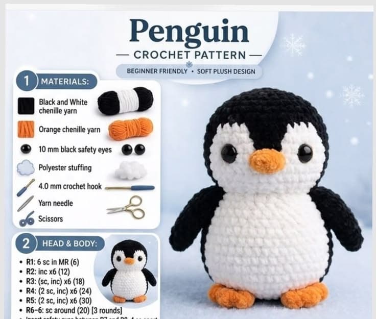 A crocheted plush penguin with a black and white body, orange beak and feet, sitting upright