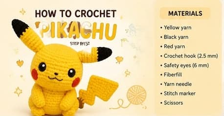A crocheted yellow amigurumi Pikachu with black-tipped ears, red cheeks, and a lightning-bolt tail, holding its tail in one arm