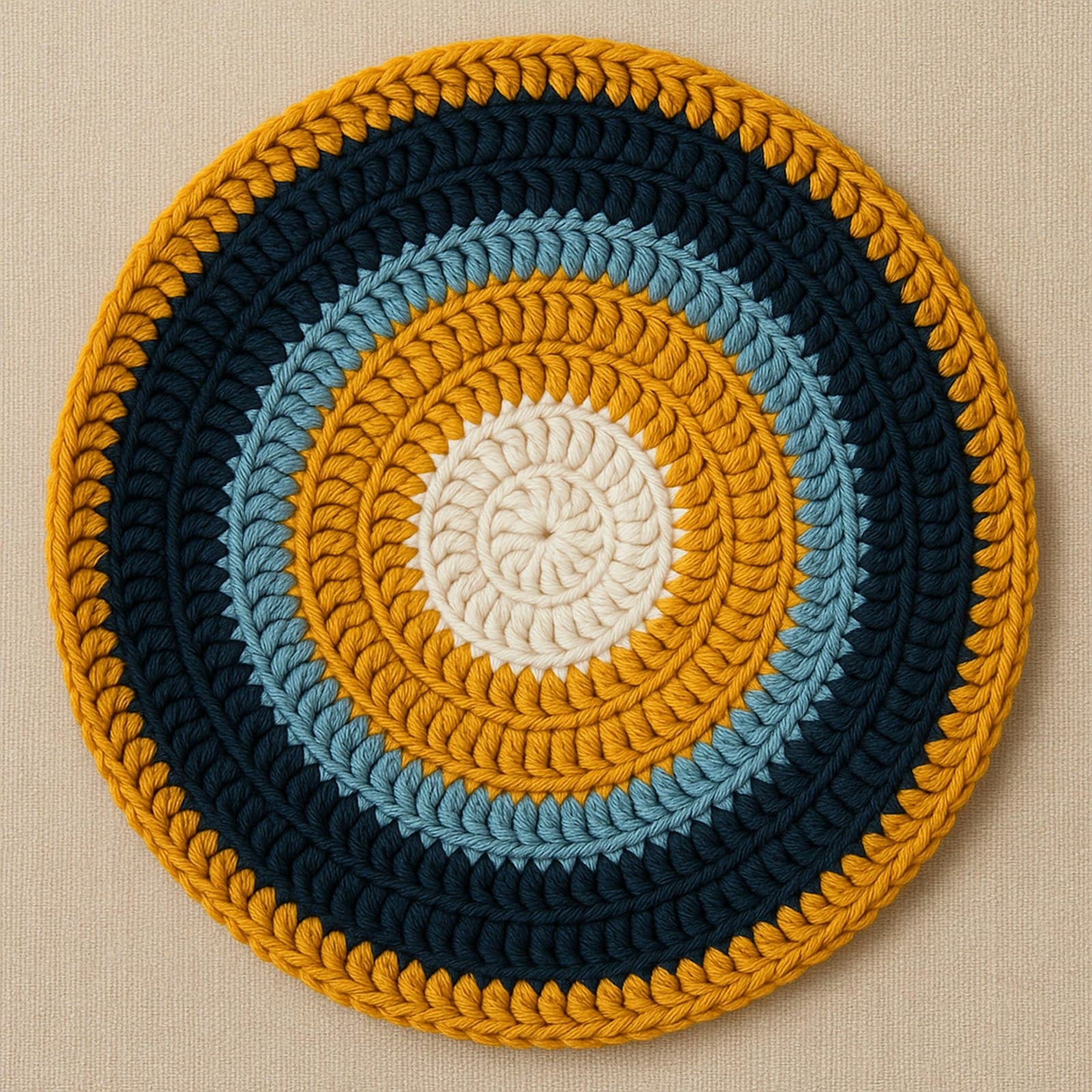 A round crocheted rug with concentric rings of navy, mustard, light blue, and cream, lying flat