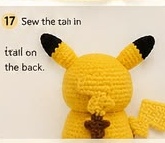 Assembled Pikachu viewed from behind, showing the lightning-bolt tail sewn onto the lower back