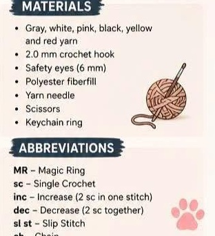 Materials and abbreviations list for the Tom keychain pattern, alongside a ball of yarn and hook